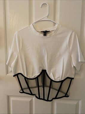 Forever 21 White Tee with Black Corset Mesh Trim